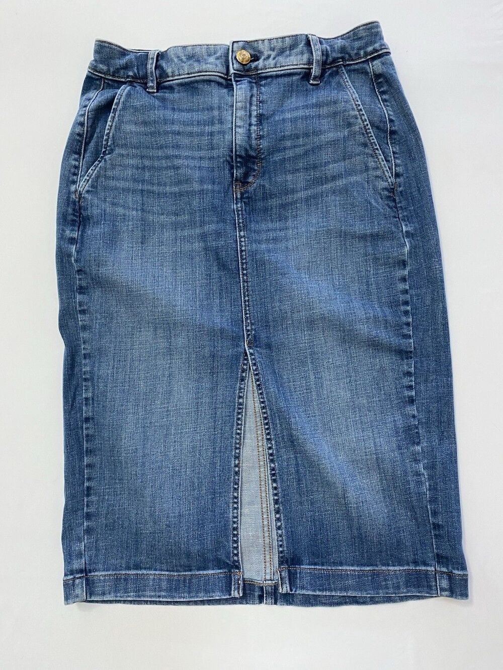 White House Black Market Denim Pencil Skirt Size 6 Blue Mid Wash Front Slit MIDI